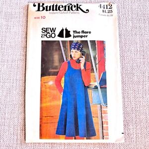 Butterick 4412 Sew & Go 70s Mod Flare Jumper Dress S10 Pinafore Instant Fashion